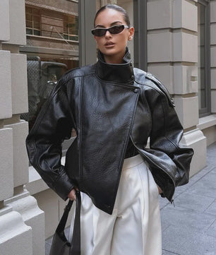 Dames Elegante Zwarte Jas - Street Style Asymmetrisch met Rits en Zakken