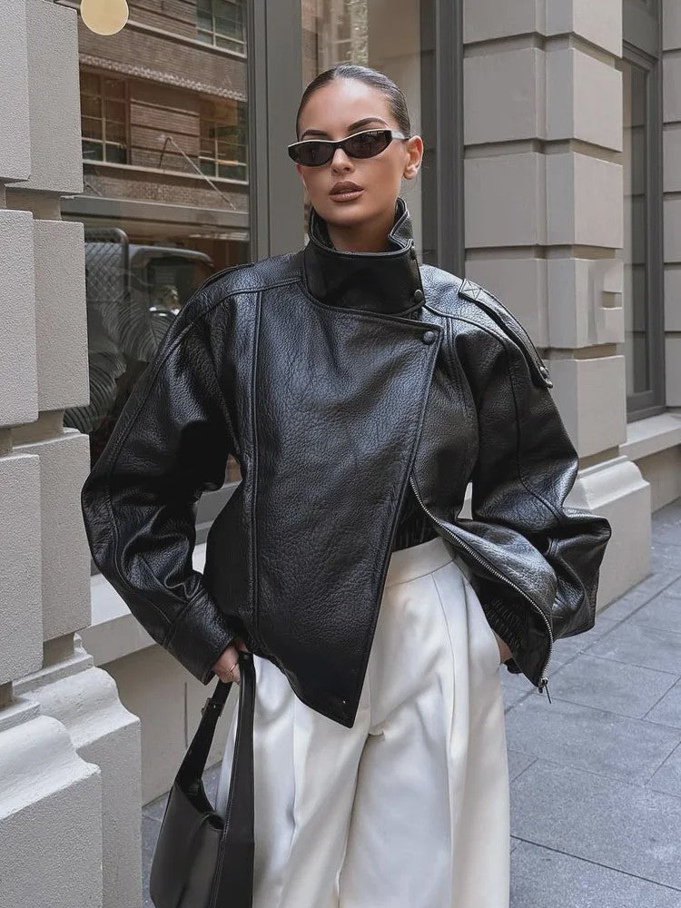 Dames Elegante Zwarte Jas - Street Style Asymmetrisch met Rits en Zakken