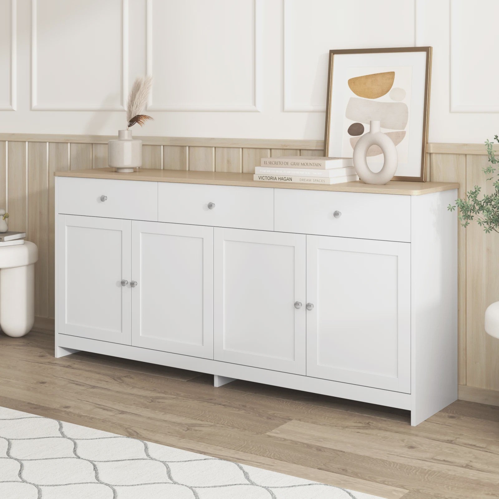 Moderne Witte Sideboardkast met 4 Deuren en 3 Lades - 160x37x75cm