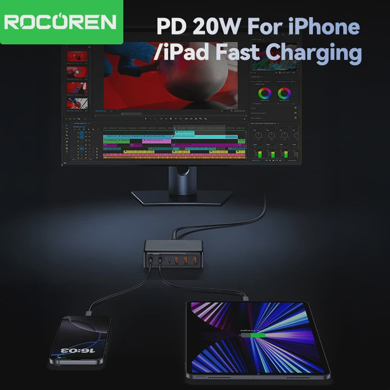 Rocoren 100W GaN Desktop Lader: 6-Poorts Snellader met USB-C voor Al Je Apparaten