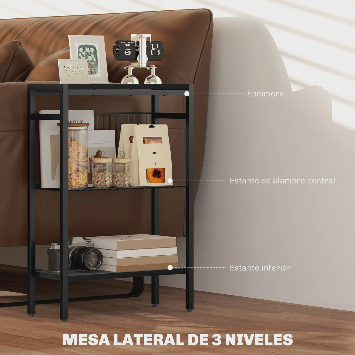 Homcom Smalle Bijzettafel met 3 Open Planken en Stalen Frame - Industrieel Design
