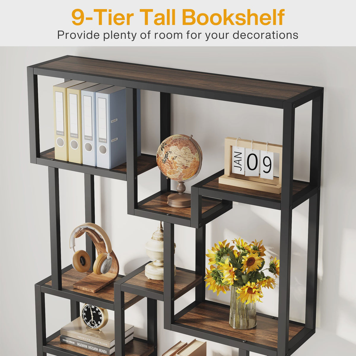 Industriële Boekenkast 7-Laags - 180cm Hoge Etagere met Metalen Frame & Rustiek Bruine Houten Planken