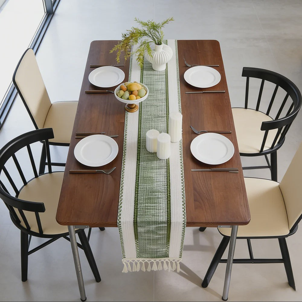 Groene Boho Tafel Runner met Franjes - Handgeweven - Rustiek Lente Decoratie