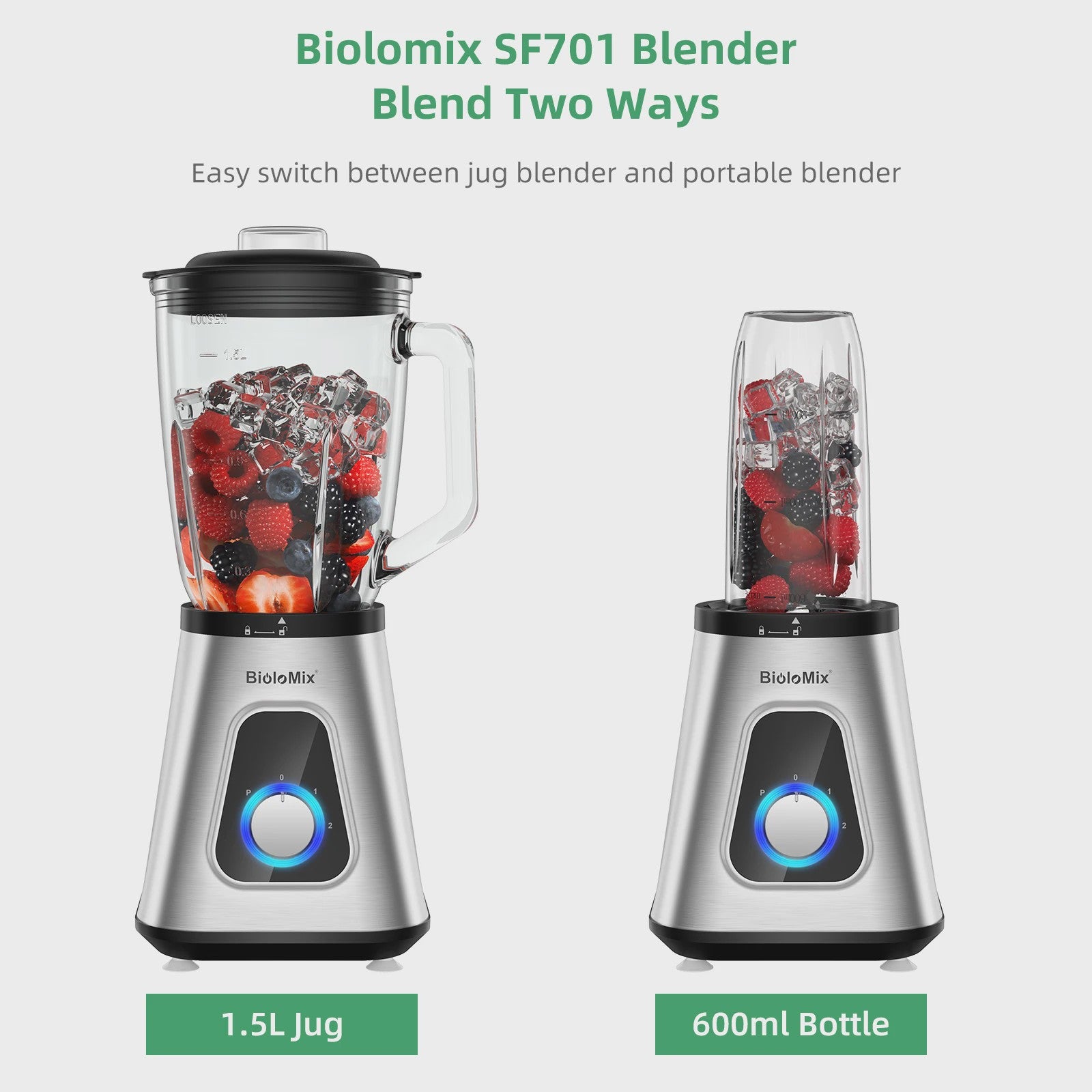 BioloMix Krachtige Blender 1300W met Glazen Kan (1.5L) - Perfect voor Smoothies & Sauzen