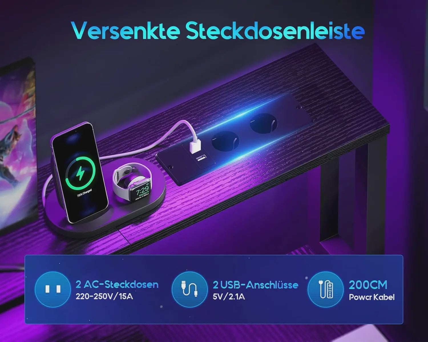 Coleshome Gaming Bureau met Ingebouwde Stopcontacten, Monitorstandaard en 2 Stoffen Lades (140x48cm, Zwart)