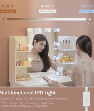 WOLTU Kaptafel met LED Verlichting, Make-up Tafel met Spiegel en Opbergvakken