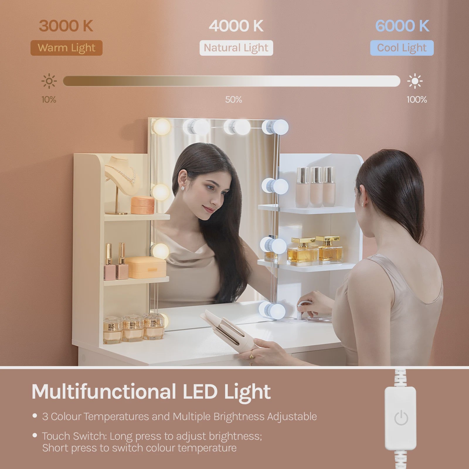 WOLTU Kaptafel met LED Verlichting, Make-up Tafel met Spiegel en Opbergvakken