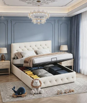 Luxe Boxspringbed 140x200 cm Beige Fluweel met Hydraulische Opbergruimte en LED-verlichting