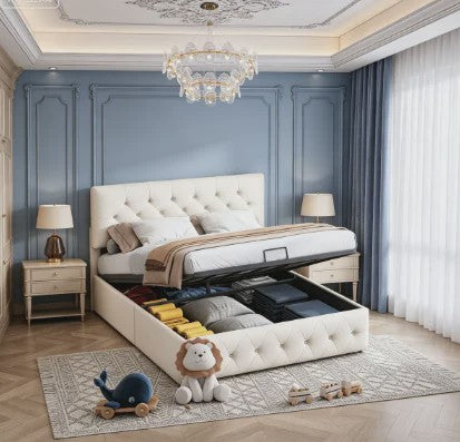 Luxe Boxspringbed 140x200 cm Beige Fluweel met Hydraulische Opbergruimte en LED-verlichting