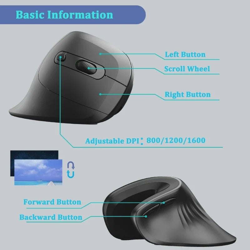 Ergonomische Verticale Draadloze Muis met Stille Klik en Instelbare DPI
