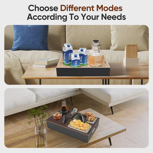 Bamboo Couch Tray, Couch Bar Snack Box Wine Glass Holder,Couch Butler with Stainless Steel Snack Trays,Tv Tray Table