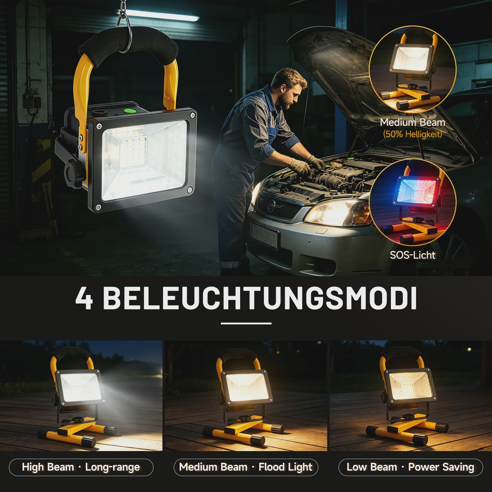 Oplaadbare LED Werkspot 30W - Waterdicht IP65, 3600mAh, Dimbare Modi & Rode/Blauwe Noodfunctie