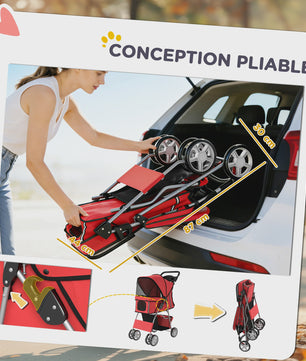 PawHut Honden- en Kattenbuggy - Opvouwbare Dierentransportwagen met Bekerhouder en Mand - Rood