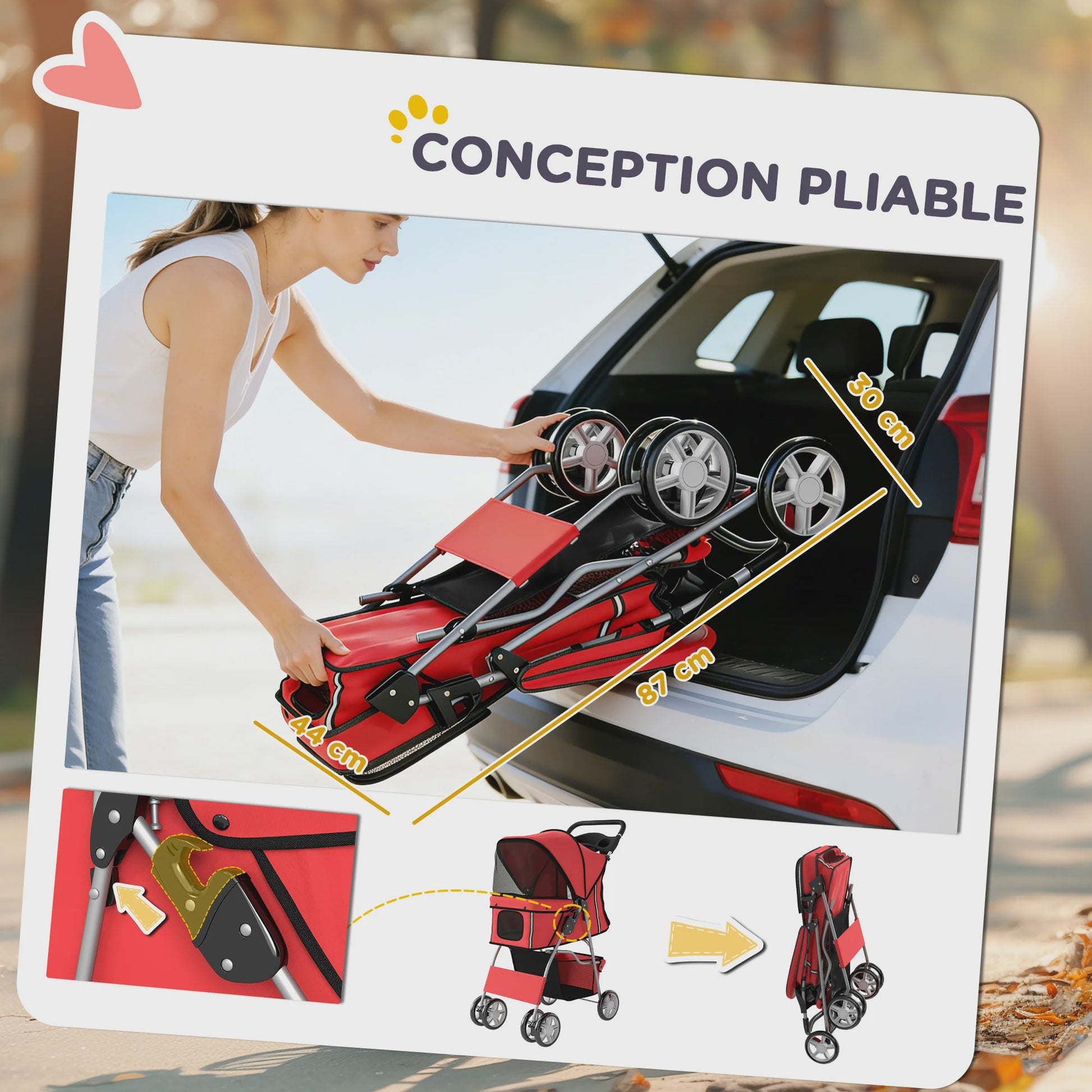 PawHut Honden- en Kattenbuggy - Opvouwbare Dierentransportwagen met Bekerhouder en Mand - Rood