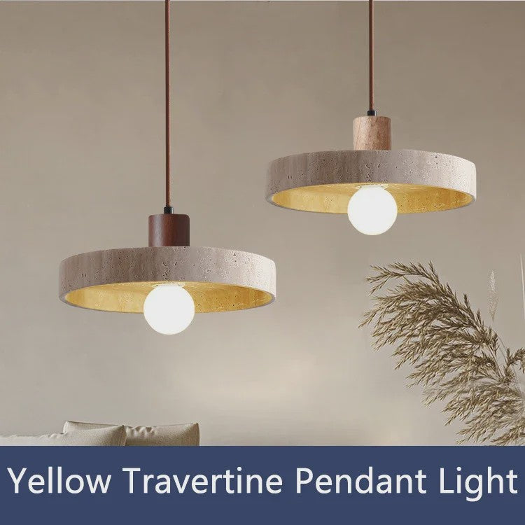 Natuurlijke Travertin Hanglamp met Houten Accent - E27 Fitting
