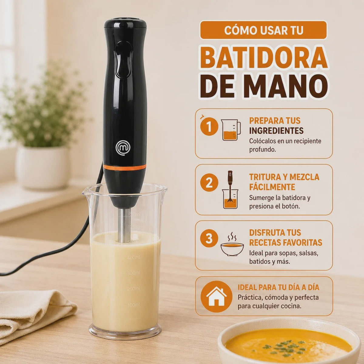 800W Staafmixer met RVS Bladen, Ergonomisch Ontwerp en 500ml Maatbeker - Zwart/Zilver