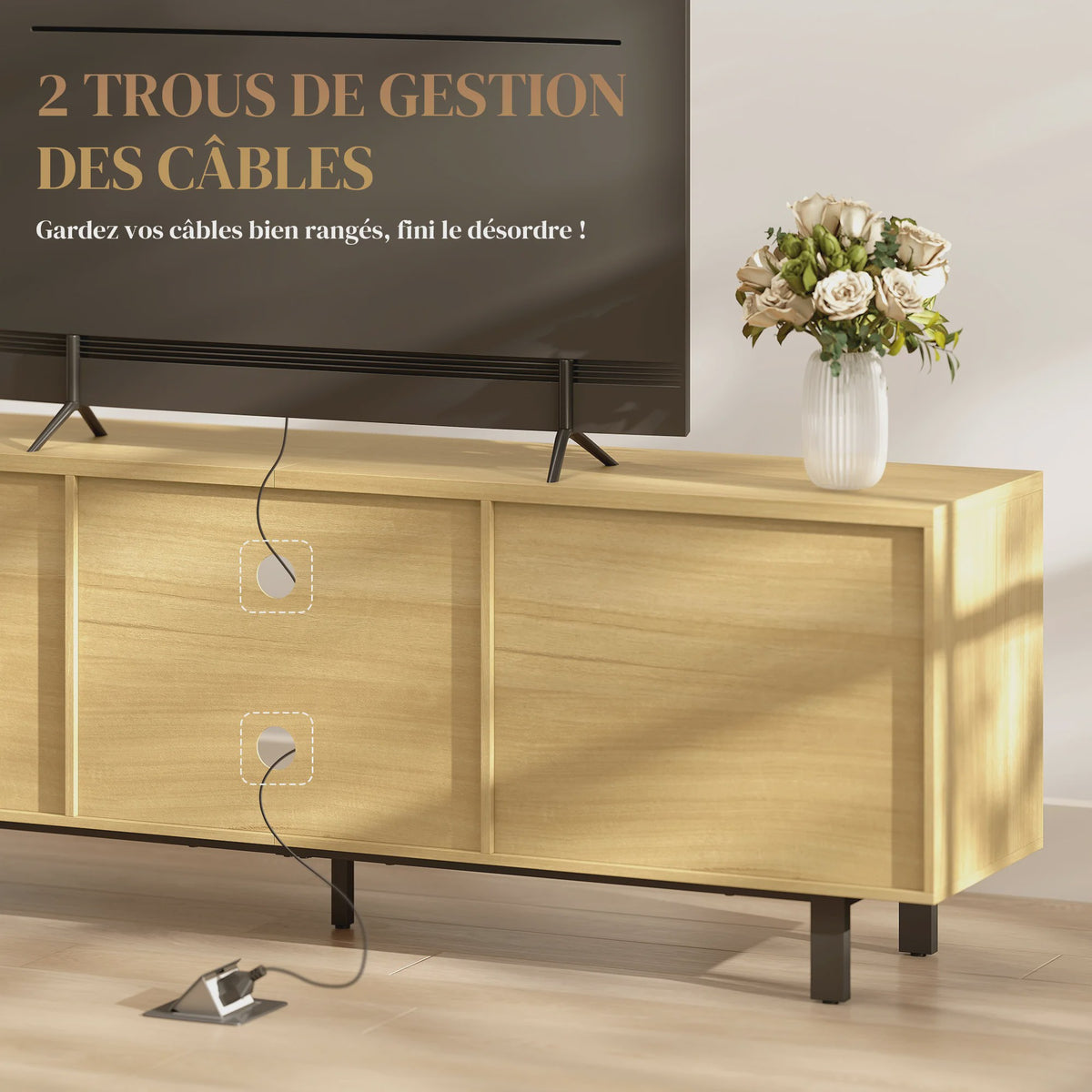 HOMCOM TV Meubel 160cm - Stijlvolle TV-kast met 2 deuren, open vakken & metalen poten - Geschikt voor TV's tot 65 inch - Naturel Hout