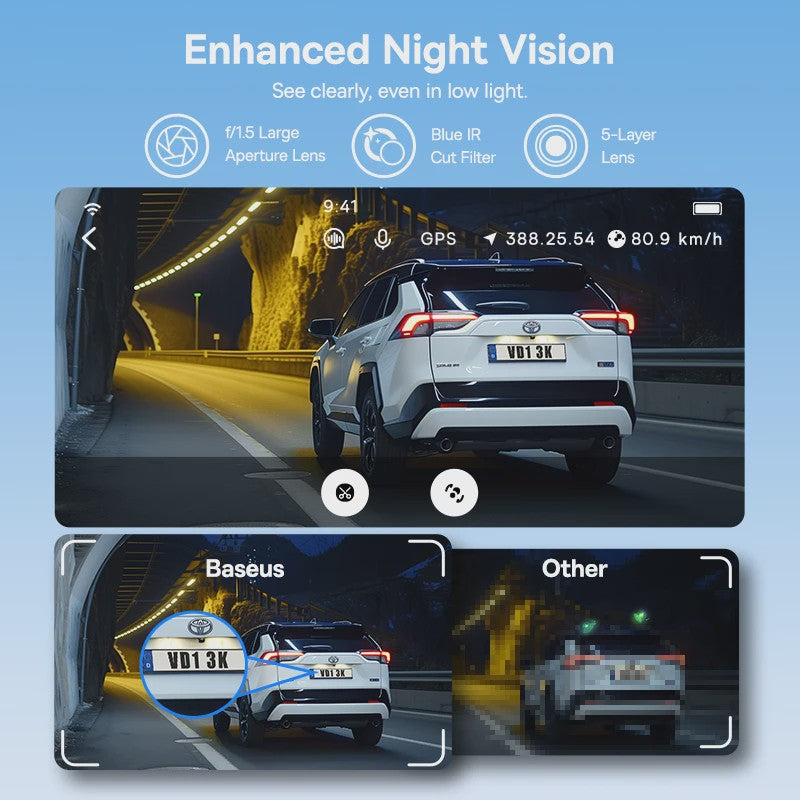 Baseus VD1 Dashcam: 3K Ultra HD, Dubbele Camera, GPS, Nachtzicht & App Bediening