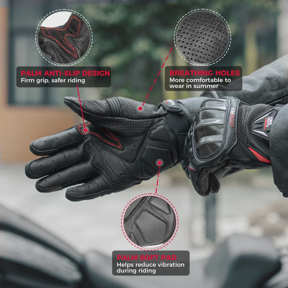 KEMIMOTO Motorhandschoenen Zomer - Ademend Leer met Carbon Bescherming & Touchscreen