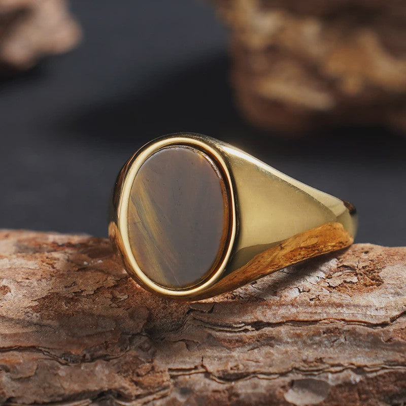 Unisex Vintage Ringen van Roestvrij Staal met Natuursteen (Onyx, Tijgeroog, Lapis Lazuli)