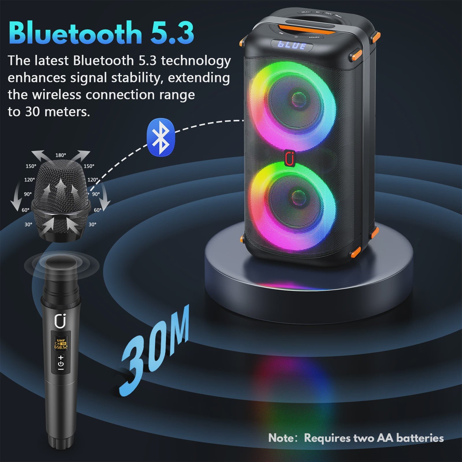 T27-T Karaoke Speaker met 2 Draadloze Microfoons, Krachtig Geluid, 360° DJ Lichtshow & Bluetooth