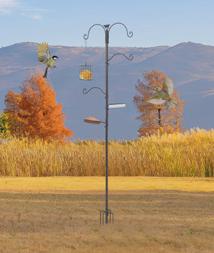 Voederpaal Vogelhuisje met 4 Haken - 190 cm Hoog - Zwaar Staal - Inclusief Voerbak & Waterbak