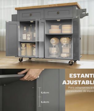 Grijze Keuken Eiland met Wielen - Keukenwagen met Opbergruimte, Kruidenrek en Handdoekhouder