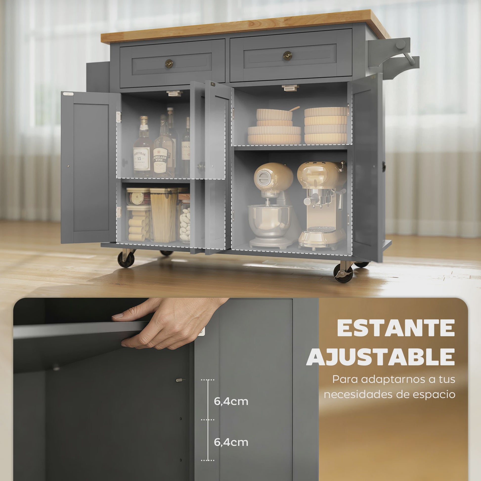 Grijze Keuken Eiland met Wielen - Keukenwagen met Opbergruimte, Kruidenrek en Handdoekhouder