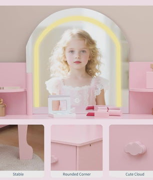 Prinsessenkaptafel met Verlichte Spiegel en Krukje - Kinder Make-up Tafel met Opbergruimte