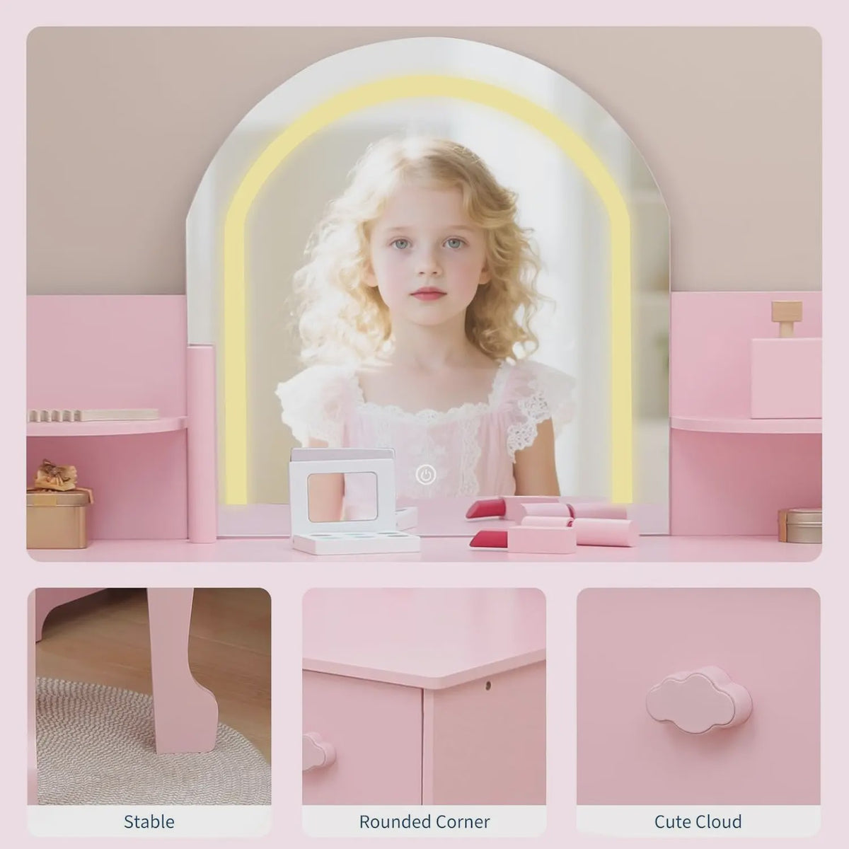 Prinsessenkaptafel met Verlichte Spiegel en Krukje - Kinder Make-up Tafel met Opbergruimte