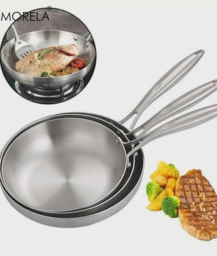 Set van 3 RVS Koekenpannen & Wokpannen (22-28 cm) - 5-laags Staal, 2mm Dik