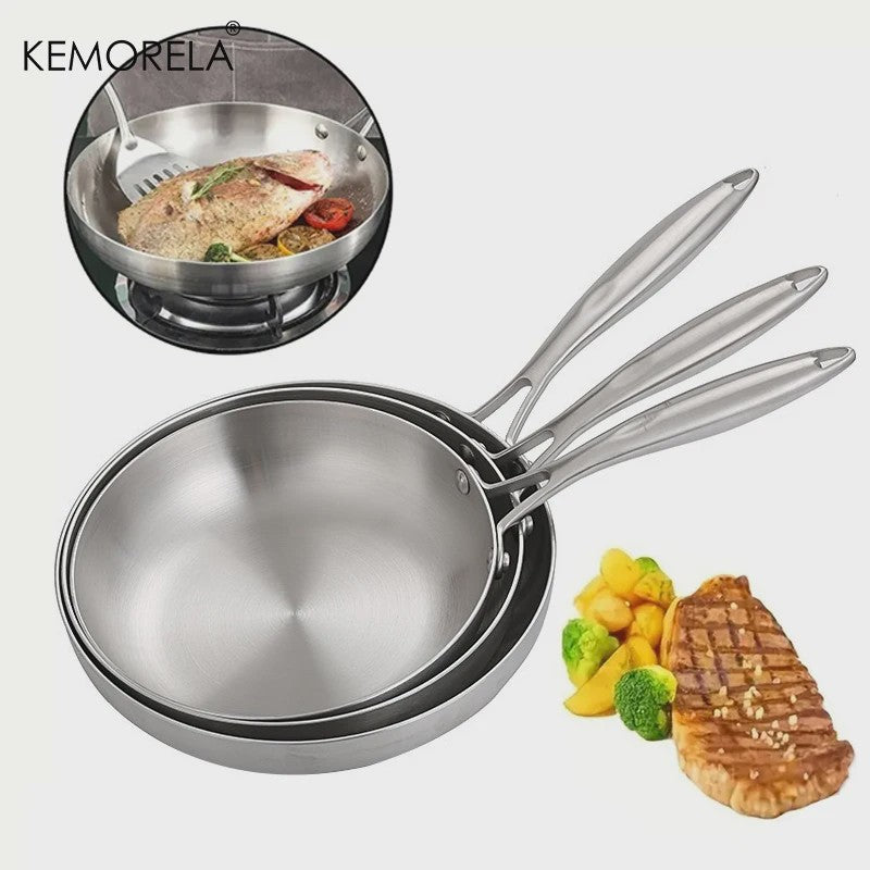 Set van 3 RVS Koekenpannen & Wokpannen (22-28 cm) - 5-laags Staal, 2mm Dik