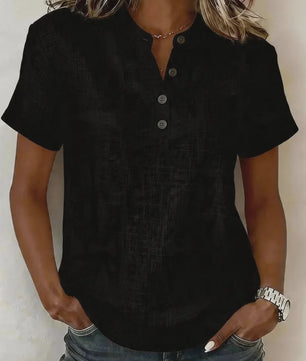 Dames Casual Linnenlook Blouse met Korte Mouwen en Henley Hals - Zomerse Relaxed Fit Top