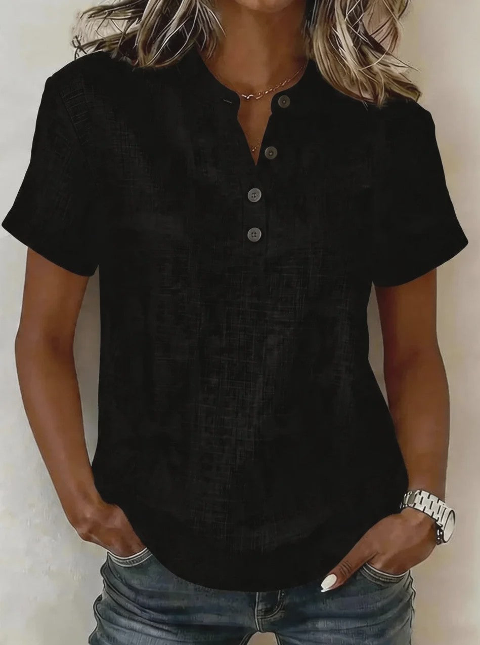 Dames Casual Linnenlook Blouse met Korte Mouwen en Henley Hals - Zomerse Relaxed Fit Top