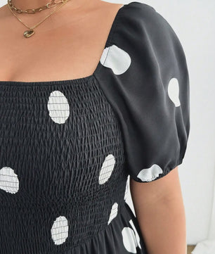 Zwarte Polka Dot Jurk met Pofmouwen en Vierkante Hals - Elegante Zomerjurk voor Dames