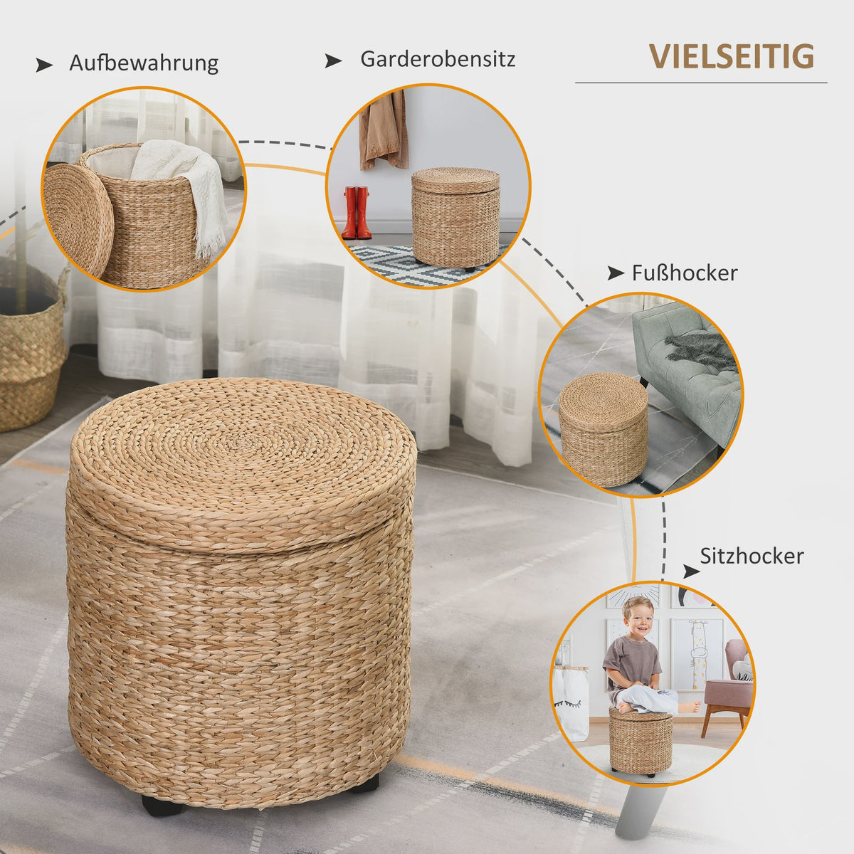 Rieten Zitkruk met Opbergruimte - Voetenbank en Opbergkist in Khaki