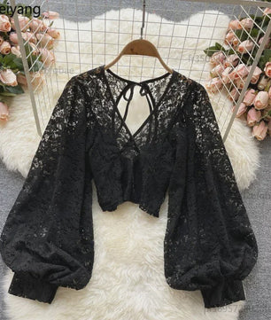 Elegante Dames Blouse met Kant en Lantaarnmouwen - V-hals & Backless