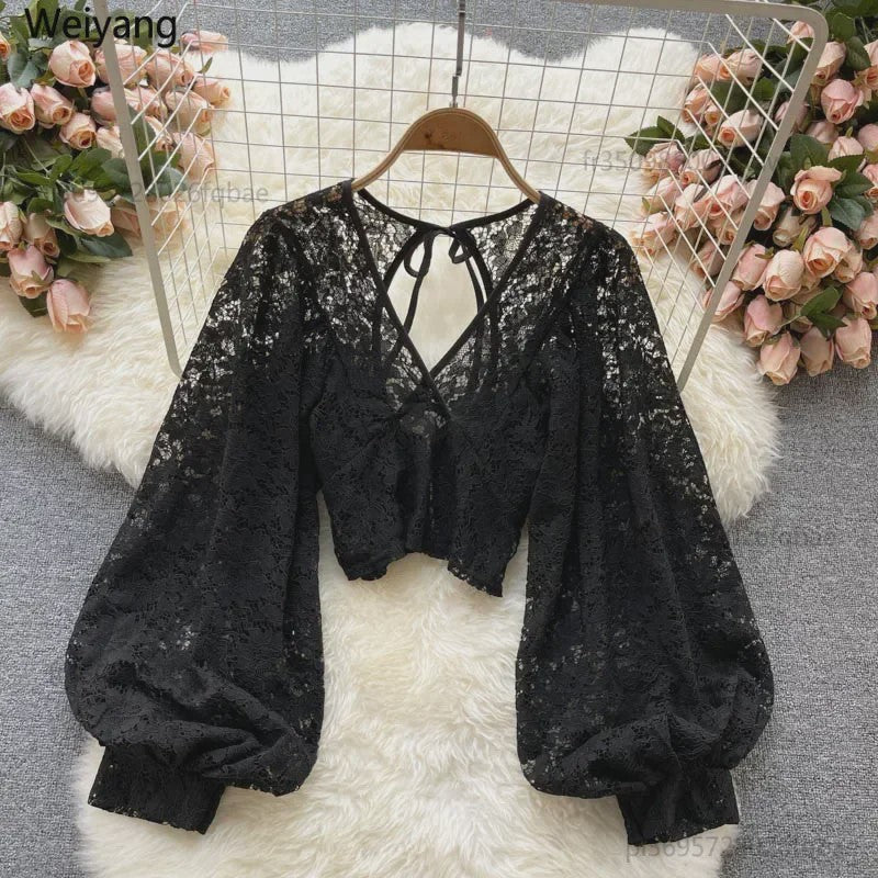 Elegante Dames Blouse met Kant en Lantaarnmouwen - V-hals & Backless