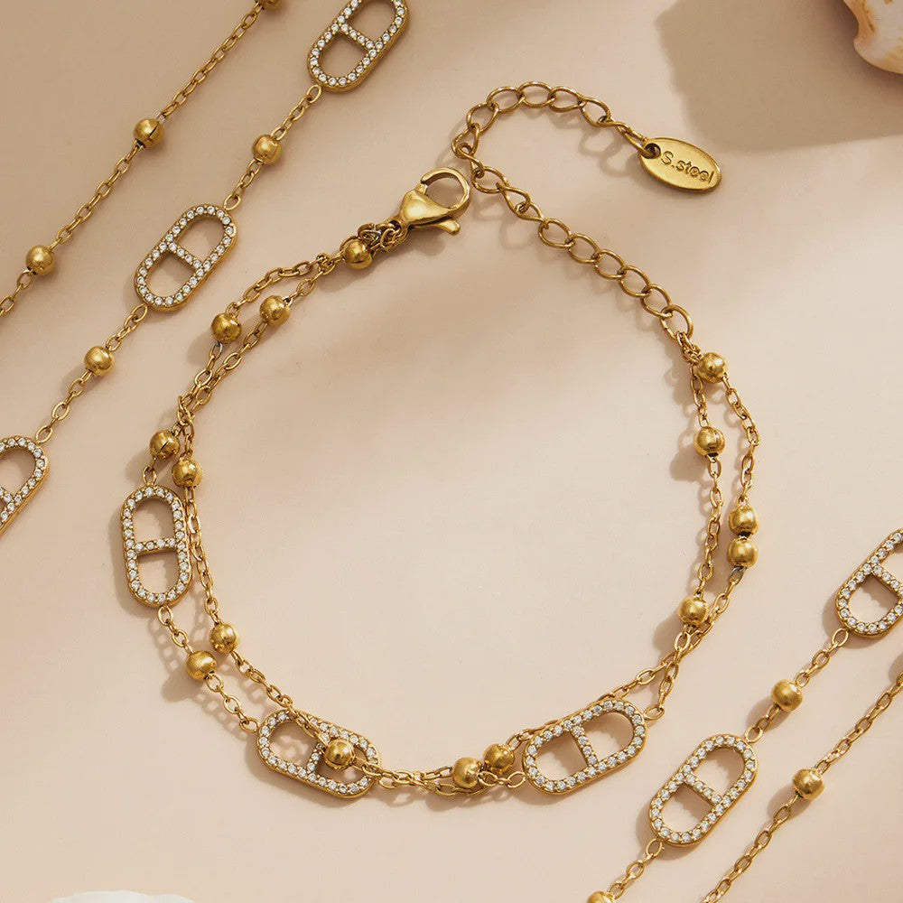 Dainty Gelaagde Sieraden Set: 18k Goudkleurig Roestvrij Staal Collier & Armband met Zirkonia
