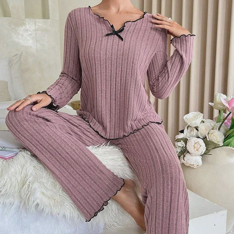 Dames Pyjama Set Ribbel Gebreid met Strikje en Volantrand - Comfortabele Loungewear