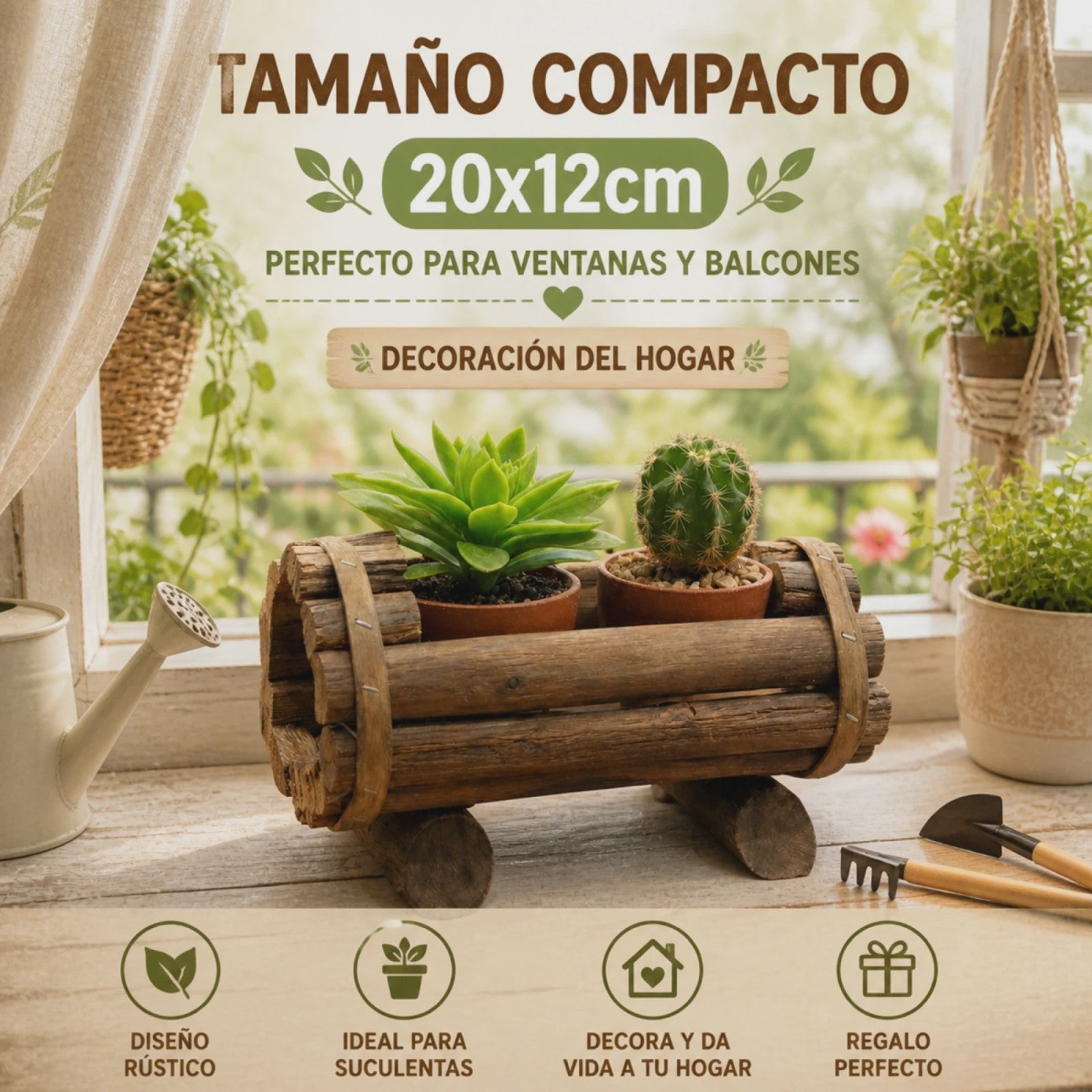 Rustieke Houten Plantenbak voor Succulenten & Cactussen - Handgemaakt Log Decor 20x12cm