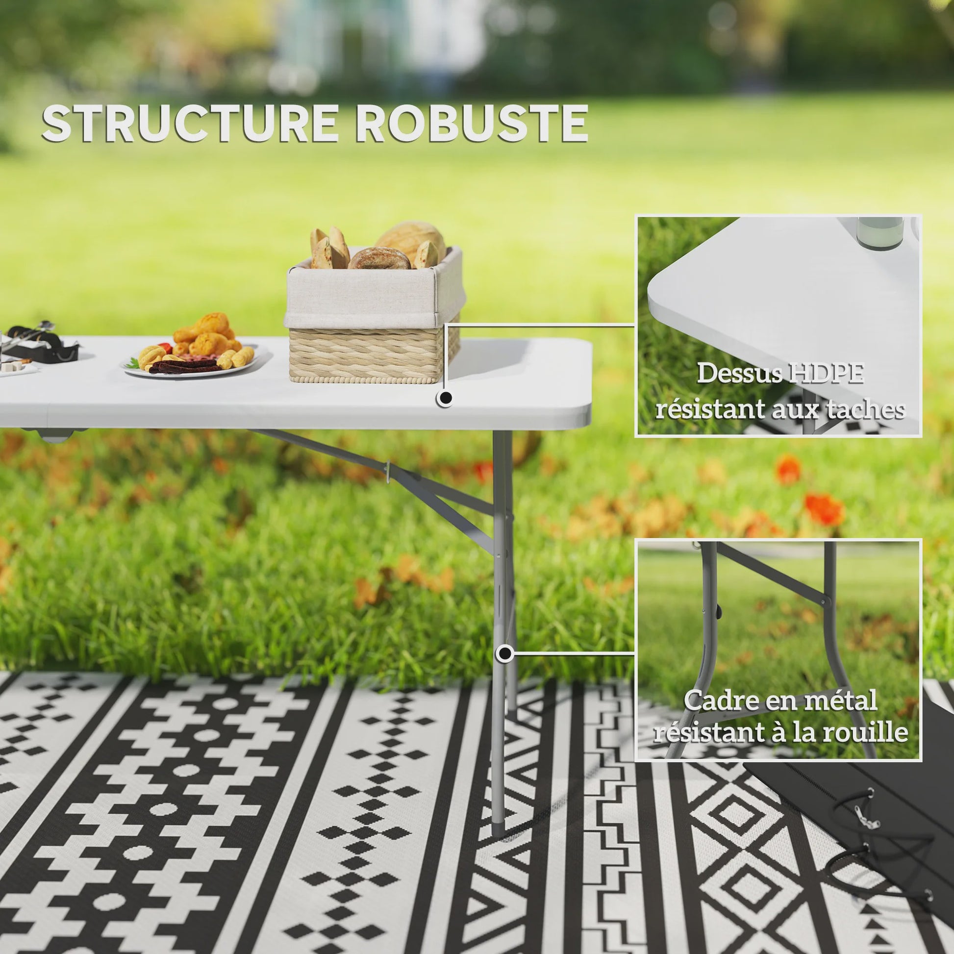 Outsunny HDPE Klaptafel - Robuuste Campingtafel Buiten met Handvat & Antislip Voetjes - 180x74x74 cm