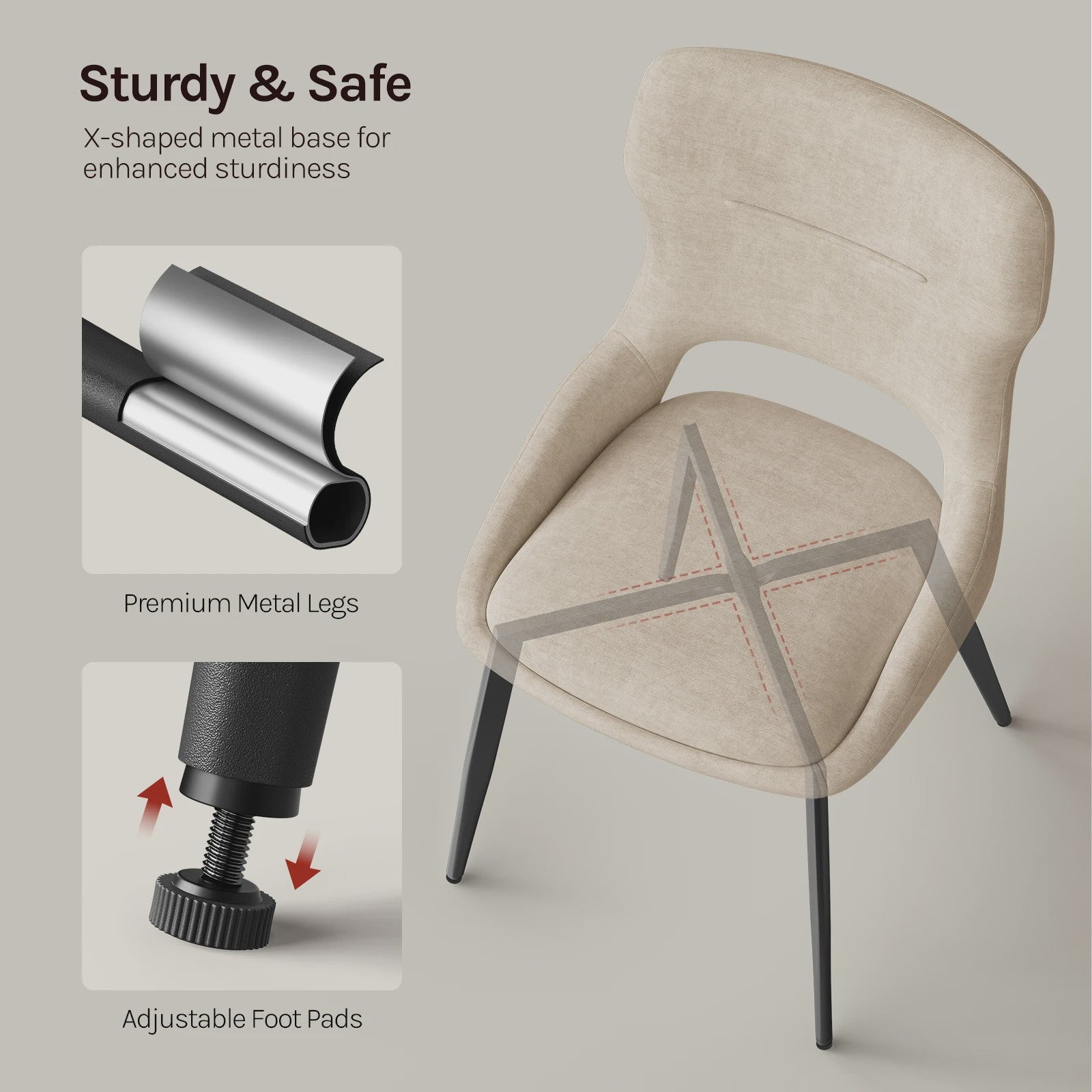 Set van 6 Luxe Eetkamerstoelen - Chenille Bekleding, Holle Rug & Metalen Poten