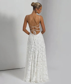Elegante Jacquard Maxi Jurk met Blote Rug en Vierkante Hals - Feestelijk & Chic