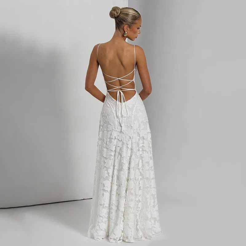 Elegante Jacquard Maxi Jurk met Blote Rug en Vierkante Hals - Feestelijk & Chic