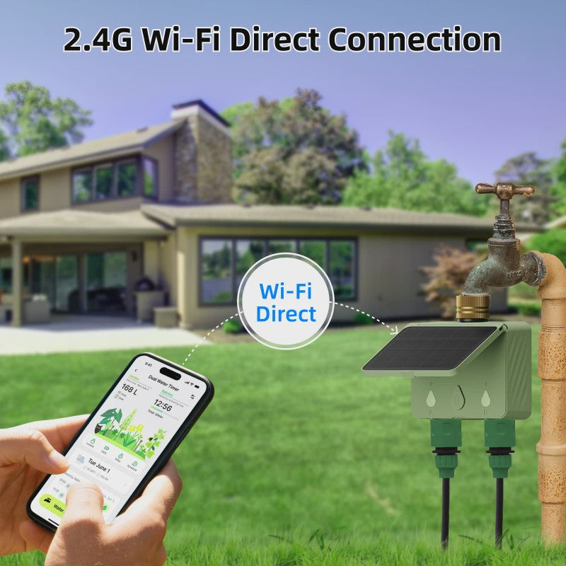 Slimme WiFi Tuinsproeier Timer - 2 Zones, Zonne-energie & App Bediening