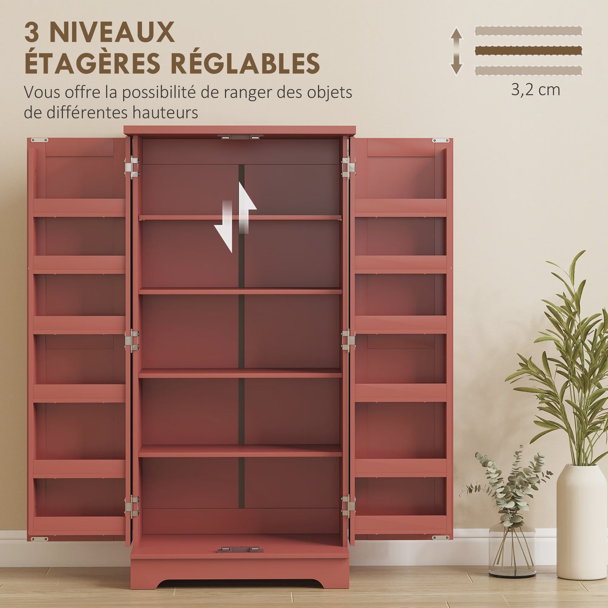 HOMCOM Keuken Dressoir Kast met 5 Niveaus, Deuren en Verstelbare Planken - 60x40x120 cm - Rode Houtnerf