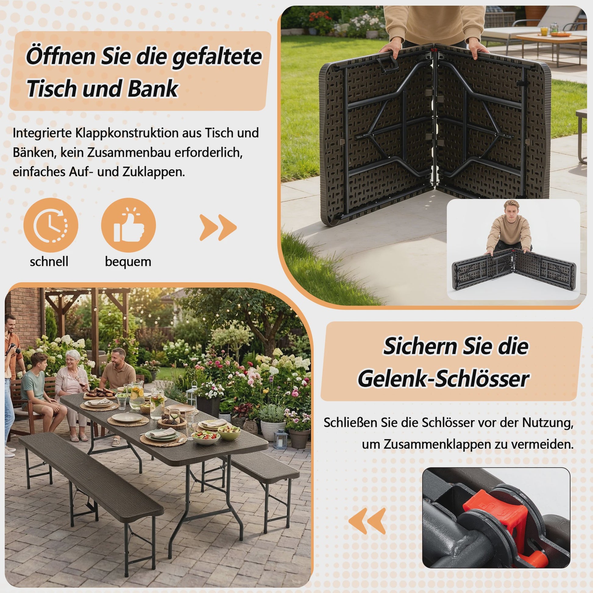 Opvouwbare Picknicktafel Set met 2 Banken - 180cm HDPE, UV-bestendig, Bruin