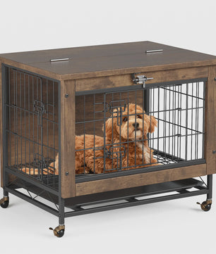 Luxe Houten Hondenkooi Meubel met Dubbele Deuren en Wielen - Afsluitbare Binnen Bench & Tafel voor Kleine/Medium Honden