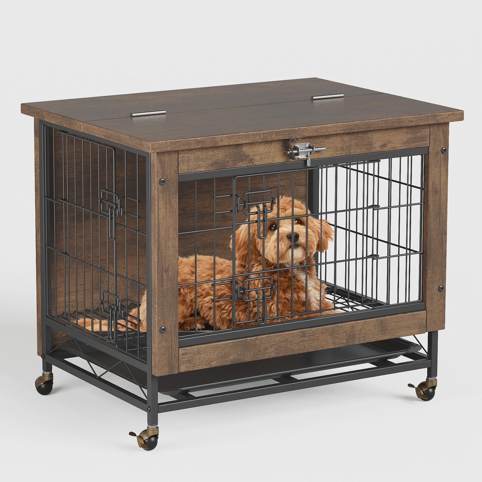 Luxe Houten Hondenkooi Meubel met Dubbele Deuren en Wielen - Afsluitbare Binnen Bench & Tafel voor Kleine/Medium Honden